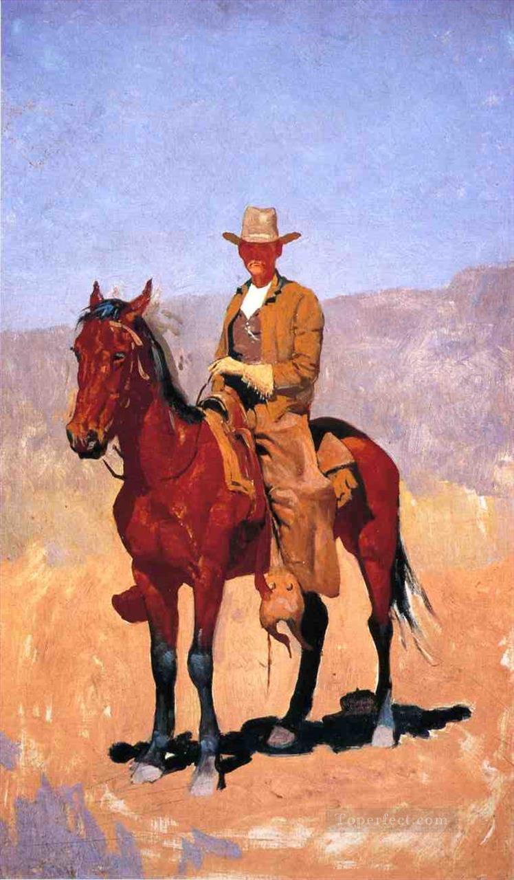 Vaquero montado en chaparreras con caballo de carreras del viejo oeste americano Frederic Remington Pintura al óleo